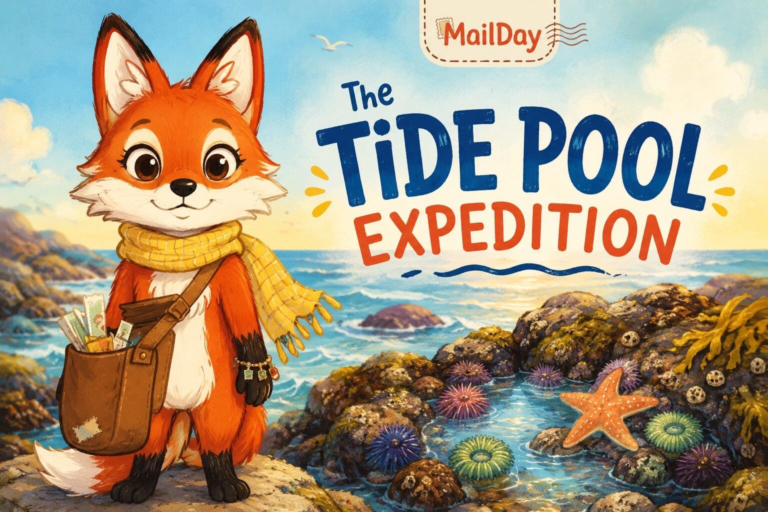 Illustration of Poppy the red fox crouched at the edge of a rocky tide pool reaching for a glass bottle with a note inside as ocean waves roll toward her.