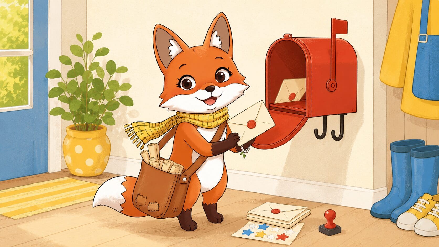 Illustrated red fox Poppy Post pointing at a handwritten letter on a kitchen table surrounded by stationery, stickers, and envelopes ready to mail.