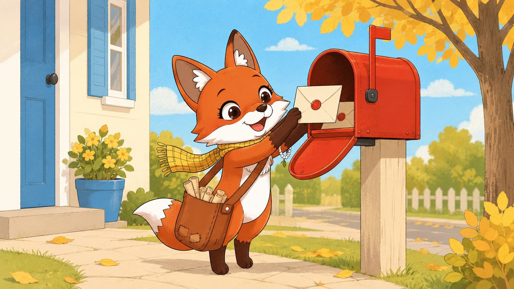 Illustrated red fox Poppy Post standing at an open mailbox holding an envelope, looking delighted, surrounded by letters and warm afternoon light.