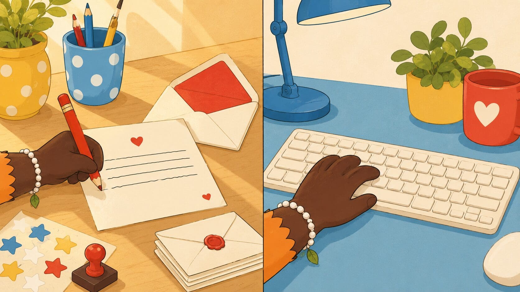 Clean illustration of a child's hand writing carefully on cream stationery with a red pencil, warm light from a nearby window, on a wooden desk.